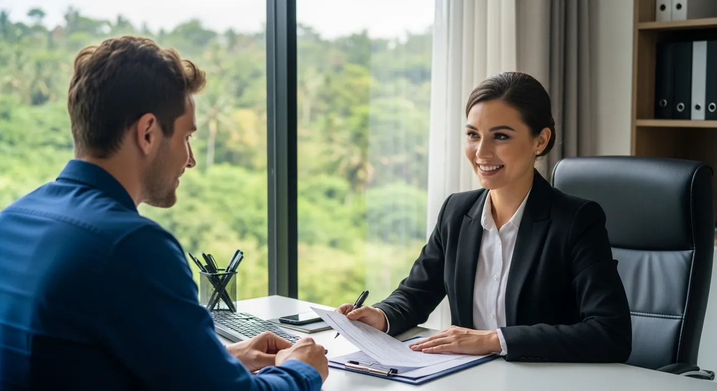 Professional KITAS Bali agent assisting an expatriate client with visa documents in a modern office overlooking tropical scenery.